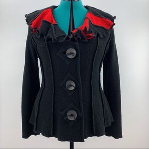Cataldi Red and Black Wool Blend Ruffle Collar Cardigan, Medium